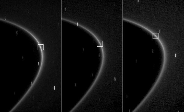 Esta seqüência de 3 imagens, obtida pela Cassini em 10 minutos mostram a trajetória do recém descoberto satélite no arco existente no anel G de Saturno. Crédito: NASA/JPL/Space Science Institute