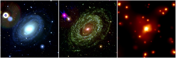 Legenda: A Supernova 2005ke é mostrada aqui nos comprimentos de onda ótica, ultravioleta e Raios-X. Quando observada essa foi a primeira imagem em raios-X de uma supernova tipo Ia e tal imagem trouxe as evidências que essa supernova foi criada pela explosão de uma anã-branca orbitando uma gigante vermelha. Crédito: NASA/Swift/S. Immler